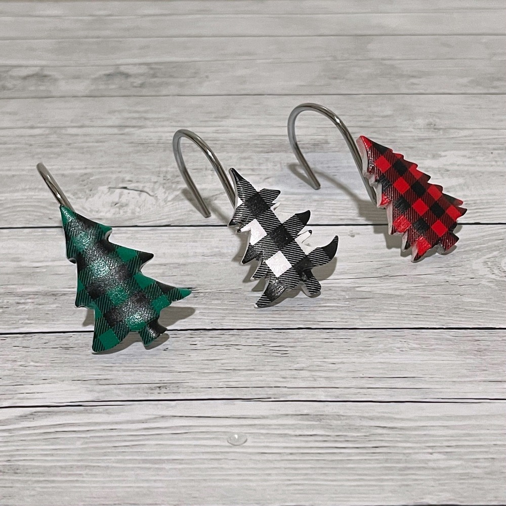 Buffalo Plaid Christmas Tree Shower Curtain Hooks Metal Rustproof Set of 12‎ NEW